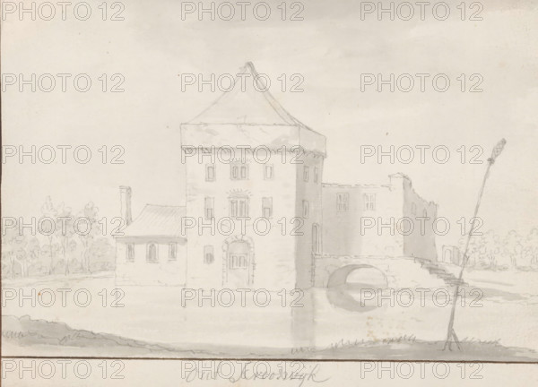 View of the Grote or Sint-Laurenskerk in Rotterdam, drawing, draftsman (artist): Eugène Rensburg (signed by artist), 1882 - 1956, draftsman (artist), paper, pencil, height 221 mm x width 131 mm, church (exterior), Rotterdam, Grote of Sint-Laurenskerk (Rotterdam), A pencil sketch of a stone building with a tall central tower topped by a steep pyramidal roof, flanked by lower roofed sections and connected to a ruined wall, with a rounded arch over water at the base of the tower, reflected faintly in the water; trees line the left side of the scene and a tall pole with a textured top leans on the right, all rendered in light gray tones on aged paper.