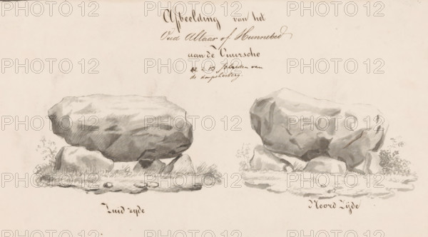 Image of the old altar or dolmen at De Vuursche 12 to 13 paces from the village inn, Dolmen or old altar at Lage Vuursche, drawing, copy, draftsman (artist): Leonhard Johannes Friedrich Janssen, c. 1833, draftsman (artist), materials by function, paper, ink, brush, pen, height 153 mm x width 261 mm, Copy after a print in: Scheltema, Jacobus. Historical and literary miscellany. 6 vols. Amsterdam: Hendrik Gartman, 1818-1819 vols. 1 and 2 and Utrecht: JG van Terveen, 1823-1836 vols. 3-6, vol. 5 (1833)., village, church (exterior) - QQ - small church, chapel, De Bilt, A sepia-toned drawing shows two large irregular stones each resting on smaller support stones, placed side by side on a plain background. The stones on the left form a long flat-topped boulder with shading to indicate surface contours and grass and small plants at its base. The stones on the right form a bulkier rounded boulder with shaded facets and small vegetation around its base. Both groupings sit on simple ground patche...