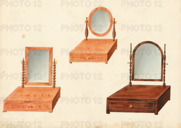 Three designs for toilet mirrors, drawing, album page, two in mahogany and one in rosewood with silver inlay. The page on the back numbered: 19, the opposite page with information about the depicted furniture (missing here) numbered: 19 bis. Part of an album with 80 pages of drawings and a print of veneered and lacquered furniture, as well as seating., Paris (possibly), c. 1825 - c. 1839, draftsman (artist), paint (coating), materials by function, paper, ink, watercolor (paint), pencil, pen, brush, pen in grey with brush in colours, numbers written in pencil, height 240 mm, width 310 mm, mirror, table (wood and other phytogenic material), A plain light background with four wooden dresser-top mirrors depicted in varying styles, each mounted on a rectangular wooden base with a drawer and small round feet, two bases shown in a reddish wood grain and two in a darker wood grain; one mirror has a rectangular frame with turned vertical posts topped by small finials and small metal winged fast...