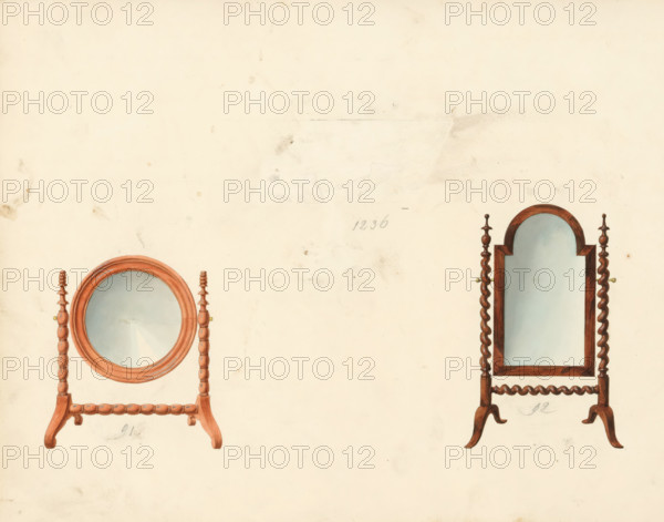 Design for a dressing mirror, a psyche mirror (and missing design for a music stand), drawing, album page, Design for a dressing mirror in mahogany and a psyche mirror in rosewood (and a missing design for a music stand). The page on the back numbered: 21, the opposite page with information about the depicted furniture numbered: 21 bis. Part of an album with 80 pages of drawings and a print of veneered and lacquered furniture, as well as seating., inscription: '1236 Pupitre de musique unis, a filets, 4 coins, a milieu, 91 Miroir a barbe rond tourné glace 8po au glaces, la même en palisandre 10-8, 92 Sphyché palisandre colonne sort. glace 10-8, '' .. mahogany .. '' 10-8', Paris (possibly), c. 1825 - c. 1839, draftsman (artist), paint (coating), materials by function, paper, ink, watercolor (paint), pencil, pen, brush, pen in gray with brush in colors, numbers written in pencil, cut out and pasted onto the album page, height 240 mm, width 310 mm, mirror, table (wood and other phytogenic ...