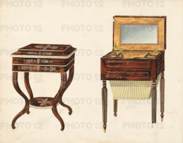Two designs for dressing tables, drawing, album page, Two designs for dressing tables in rosewood and inlaid. The reverse side is numbered: 32, the opposite page with information about the depicted furniture is numbered: 32 bis. Part of an album with 80 pages of drawings and a print of veneered and lacquered furniture, as well as seating., inscription: '1222 Toilette table, body in rosewood with X-shaped tombstones, ''.. in mahogany ..'', 1223 Toilette à table, body with bag in rosewood, ''.. dito..'' mahogany', Paris (possibly), c. 1825 - c. 1839, draftsman (artist), paint (coating), materials by function, paper, ink, watercolor (paint), pencil, pen, brush, gray pen with colored brush, numbers written in pencil, cut out and pasted onto the album page, height 240 mm, width 310 mm, mirror, table (wood and other phytogenic material), A colored illustration of two wooden tables on a light background, one on the left with a decorative top and curved legs connected by a small round shelf, f...