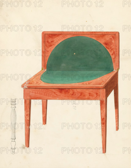 Design for a gaming table and a fluted table leg, drawing, album page, Design for a square gaming table with folding top and square base and a design for a fluted table leg. The reverse side is numbered: 37, the opposite page with information about the depicted furniture is numbered: 37 bis. Part of an album with 80 pages of drawings and a print of veneered and lacquered furniture, as well as seating., inscription: '1231 Tables de jeux pieds carrés', Paris (possibly), c. 1825 - c. 1839, draftsman (artist), paint (coating), materials by function, paper, ink, watercolor (paint), pencil, pen, brush, gray pen with colored brush, numbers written in pencil, cut out and pasted onto the album page, height 240 mm, width 310 mm, card games, table (wood and other phytogenic material), A drawing of a wooden table with tapered legs and a hinged back panel that folds upward to reveal a semicircular green padded interior, the table surface and back framed in reddish wood grain with visible swirls and...