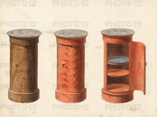 Three designs for bedside tables, drawing, album page, Three designs for bedside tables with marble tops, one of which is walnut and two of mahogany. One open with shelves inside (the top one with marble). The page on the back is numbered: 4, the opposite page with information about the depicted furniture is numbered: 4 bis. Part of an album with 80 pages of drawings and a print of veneered and lacquered furniture, as well as seating furniture., inscription: '1204 Table de nuite ronde ordre(?) noyer, la même porte flaquée, 1205 Table de nuite ronde ordre acajou, 1206 Table de nuite ronde à doucine dans le bas en acajou', Paris (possibly), c. 1825 - c. 1839, draftsman (artist), paint (coating), materials by function, paper, ink, watercolor (paint), pencil, pen, brush, pen in gray with brush in colors, numbers written in pencil, partly cut out and pasted onto the album page, height 240 mm, width 310 mm, bedroom, cupboard, furniture for special use (wood and other phytogenic material), Th...
