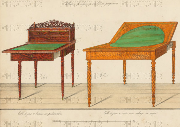 Print with two designs for game tables by Mr Dutzschhold, print, album page, Pasted-in colored print numbered 63 with two designs for game tables, one in rosewood with a stand, extendable or foldable. The print features a scale indication, the address of the publisher, the printer, and the designer. The sheet on the reverse is numbered: 40, the opposite sheet with information about the depicted furniture is numbered: 40 bis. Part of an album with 80 sheets of drawings and a print of veneered and lacquered furniture, as well as seating., inscription: '61 Bureau de Dame Table de jeux en palissandre 24p*, ''…'' mahogany, 62 Table de jeux à ''table coulisse pies à torsade, ''…'' tors, ''…'' fluted', publisher: M. Jansen, Paris, designer: M. Dutzschhold, printer (person): Lemercier, Benard & Cie., c. 1825 - c. 1840, printer (person), paint (coating), materials by function, paper, ink, watercolor (paint), pencil, pen, brush, lithography, hand-coloured, numbers written in pencil, height 240 m...