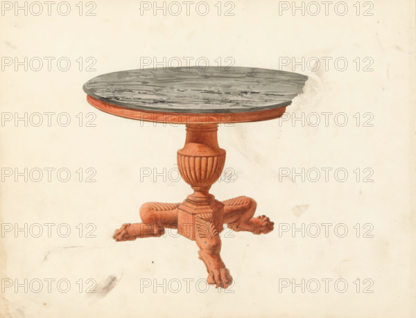 Design for a table, drawing, album page, Design for a table with a carved base in mahogany and a marble (round) top. The reverse side of the page is numbered: 52, the opposite page with information about the depicted furniture is numbered: 52 bis. Part of an album with 80 pages of drawings and a print of veneered and lacquered furniture, as well as seating., inscription: '395 Table à jarets en acajou 30 33 36p*', Paris (possibly), c. 1825 - c. 1839, draftsman (artist), paint (coating), materials by function, paper, ink, watercolor (paint), pencil, pen, brush, gray pen with colored brush, numbers written in pencil, partially cut out and pasted onto the album page, height 240 mm, width 310 mm, table (wood and other phytogenic material), furniture to put things on (stone), A painted depiction of a round table top with a gray, textured surface and a reddish-brown rim, a central turned pedestal in reddish-brown with carved fluting, a square block base with carved leaf motifs, and three carv...