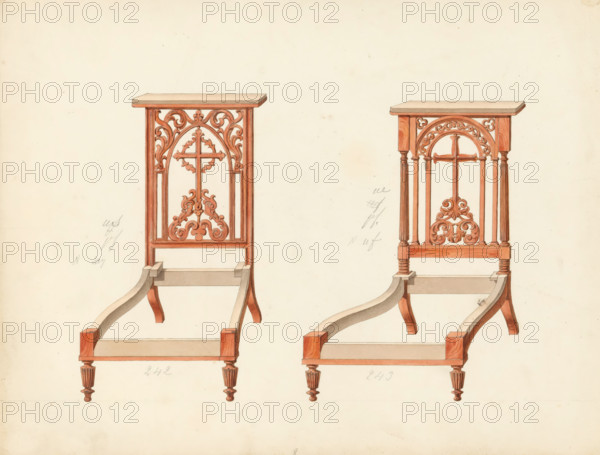 Two designs for prie-dieus, drawing, album page, Two designs for an unupholstered prie-dieu (prayer chair) with richly decorated carving. The reverse page numbered: 56, the opposite page with information (missing here) about the depicted furniture numbered: 56 bis. Part of an album with 80 pages of drawings and a print of veneered and lacquered furniture, as well as seating., Paris (possibly), c. 1825 - c. 1839, draftsman (artist), paint (coating), materials by function, paper, ink, watercolor (paint), pencil, pen, brush, pen in grey with brush in colours, numbers written in pencil, height 240 mm, width 310 mm, kneeling-chair, furniture for special use (wood and other phytogenic material), Two wooden chair backs with ornate carved panels are shown side by side on a light background. Each back features a flat rectangular top rail above an arched central panel containing scrollwork and a cross-shaped motif, with vertical stiles on either side. The left chair back has a more elaborate fol...