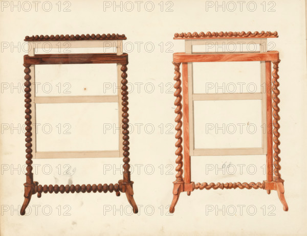Two designs for fireplace screens, drawing, album page, one in rosewood and the other in mahogany with twisted stiles and rails. The reverse side of the page is numbered: 60, the opposite page with information about the depicted furniture is numbered: 60 bis. Part of an album with 80 pages of drawings and a print of veneered and lacquered furniture, as well as seating., inscription: '68 Simple screen in mahogany with twisted tops, ''…'' leaded tops(?), 69 ''.. rosewood ..''', Paris (possibly), c. 1825 - c. 1839, draftsman (artist), paint (coating), materials by function, paper, ink, watercolor (paint), pencil, pen, brush, pen in gray with brush in colors, numbers written in pencil, height 240 mm, width 310 mm, fire-screen, furniture for special use (wood and other phytogenic material), Two upright wooden frames with turned spiral legs and decorative bead-like rails are drawn side by side on a pale background, each showing a top rail with a row of rounded carved shapes and horizontal cr...