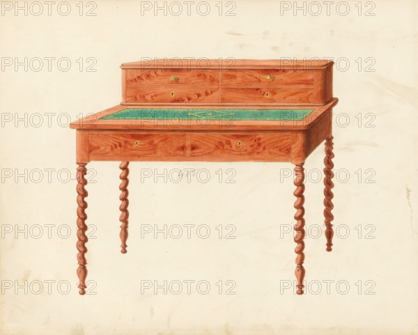 Design for a ladies' desk, drawing, album page, Design for a ladies' desk with two drawers in the top, on twisted legs and an arrangement with four drawers. Various options, one with galleries, or the same in rosewood. The back page numbered: 62, the opposite page with information about the depicted furniture numbered: 62 bis. Part of an album with 80 pages of drawings and a print of veneered and lacquered furniture, as well as seating., inscription: '405 Bureau de Dame pius torses, le, les mêmes aux galleries py depliers(?), les mêmes en palissandre sfy depliers', Paris (possibly), c. 1825 - c. 1839, draftsman (artist), paint (coating), materials by function, paper, ink, watercolor (paint), pencil, pen, brush, gray pen with colored brush, numbers written in pencil, partially cut out and pasted onto the album page, height 240 mm, width 310 mm, writing-table, writing-desk, A watercolor illustration of a wooden table with a raised back section showing drawer fronts, a rectangular inset t...