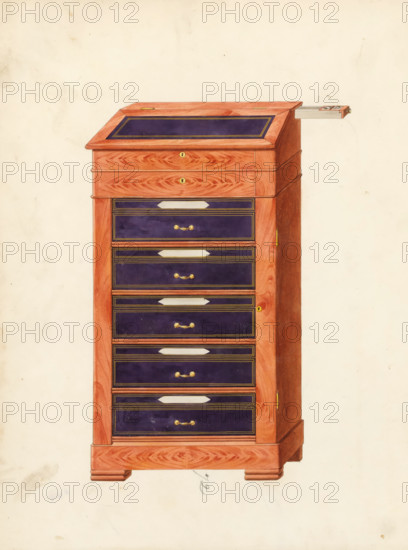 Design for a chest of drawers with five drawers with lectern and pull-out inkwell, drawing, album page, Design for a chest of drawers with five drawers with lectern and pull-out inkwell. Text: alternative is a double one with ten drawers. The sheet on the back numbered: 67, the opposite sheet with information about the depicted furniture numbered: 67 bis. Part of an album with 80 sheets of drawings and a print of veneered and lacquered furniture, as well as seating., inscription: '72 Cartonnier à pupitres simple 5 tiroirs, dito à pupitres double 10 cartones', Paris (possibly), c. 1825 - c. 1839, draftsman (artist), paint (coating), materials by function, paper, ink, watercolor (paint), pencil, pen, brush, pen in gray with brush in colors, written numbers in pencil, height 240 mm, width 310 mm, cupboard (wood and other phytogenic material), A tall wooden chest with a slanted top panel inset with a dark rectangular surface, a narrow metal slide extending from the top side, and a vertical...