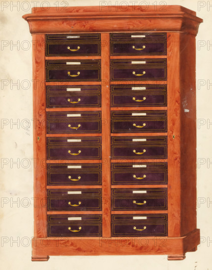 Design for a double chest of drawers, drawing, album page, Design for a double chest of drawers (sixteen drawers). Alternative in the text: lectern on top and eight drawers. The page on the back numbered: 68, the opposite page with information about the depicted furniture numbered: 68 bis. Part of an album with 80 pages of drawings and a print of veneered and lacquered furniture, as well as seating., inscription: '2398 Cartonnier double 16 cartons, Cartonnier double 8 cartons, pr putitre', Paris (possibly), c. 1825 - c. 1839, draftsman (artist), paint (coating), materials by function, paper, ink, watercolor (paint), pencil, pen, brush, gray pen with colored brush, numbers written in pencil, partially cut out and pasted onto the album page, height 240 mm, width 310 mm, cupboard (wood and other phytogenic material), A tall wooden cabinet with a reddish-brown finish fills the frame, featuring a stepped top and a molded base with small feet; the front is divided into two vertical columns o...