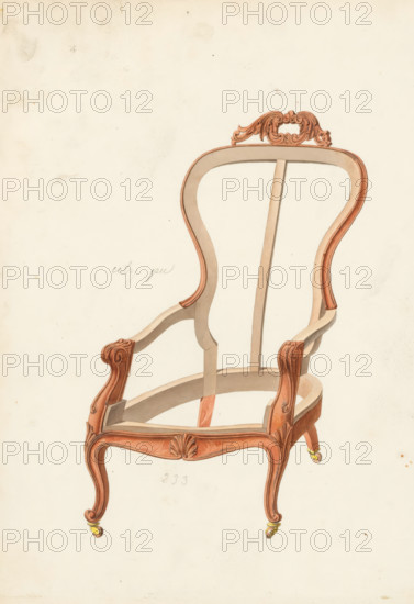 Design for a Louis XV-style armchair, drawing, album page, Design for an armchair (bergère) decorated with wood carving without seat and back upholstery. Louis XV style. The reverse page numbered: 69, the opposite page with information (missing here) about the depicted furniture numbered: 69 bis. Part of an album with 80 pages of drawings and a print of veneered and lacquered furniture, as well as seating., Paris (possibly), c. 1825 - c. 1839, draftsman (artist), paint (coating), materials by function, paper, ink, watercolor (paint), pencil, pen, brush, pen in gray with brush in colors, written numbers in pencil, height 240 mm, width 310 mm, chair (wood and other phytogenic material), A partial wooden chair frame is shown on a pale background, with an ornate carved crest at the top and a curved open back supported by slender vertical and side rails, scrolled armrests with carved detailing, a shaped apron with a shell motif at the front, cabriole legs ending in small brass casters, and ...