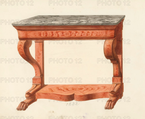 Design for a console table, drawing, album page, Design for a console table (a jarret = animal foot) with a marble top supported by volutes. The reverse side of the page is numbered: 71, the opposite page with information about the depicted furniture is numbered: 71 bis. Part of an album with 80 pages of drawings and a print of veneered and lacquered furniture, as well as seating., inscription: '1232 Consolle à jaret a volutte briseé 2½ 3 3½ 4', Paris (possibly), c. 1825 - c. 1839, draftsman (artist), paint (coating), materials by function, paper, ink, watercolor (paint), pencil, pen, brush, gray pen with colored brush, numbers written in pencil, cut out and pasted onto the album page, height 240 mm, width 310 mm, table (wood and other phytogenic material), furniture to put things on (stone), A detailed colored illustration of a wooden table fragment with a rectangular top showing a grey marbled surface and a molded edge, a richly grained reddish-brown apron with decorative curved brac...