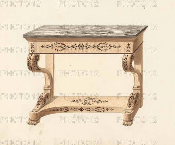 Design for a console table, drawing, album page, Design for a console table with a marble top and (mahogany?) with inlay. The reverse side is numbered: 72, the opposite page with information about the depicted furniture is numbered: 72 bis. Part of an album with 80 pages of drawings and a print of veneered and lacquered furniture, as well as seating., inscription: '397 Console with modillon in mahogany 2½ 3 3½ 4 legs', Paris (possibly), c. 1825 - c. 1839, draftsman (artist), paint (coating), materials by function, paper, ink, watercolor (paint), pencil, pen, brush, gray pen with colored brush, numbers written in pencil, cut out and pasted onto the album page, height 240 mm, width 310 mm, table (wood and other phytogenic material), furniture to put things on (stone), A detailed illustration of a wooden table with a rectangular top that has a mottled dark surface and a rounded edge, a decorative apron with floral and scroll motifs in dark ink on a speckled lighter background, elegantly c...