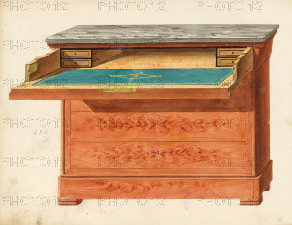 Design for a secretaire, drawing, album page, Design for a secretaire in a commode with a marble top (in mahogany?). The page on the reverse is numbered: 75, the opposite page with information about the depicted furniture is numbered: 75 bis. Part of an album with 80 pages of drawings and a print of veneered and lacquered furniture, as well as seating., inscription: '2397 Commode secretaire', Paris (possibly), c. 1825 - c. 1839, draftsman (artist), paint (coating), materials by function, paper, ink, watercolor (paint), pencil, pen, brush, gray pen with colored brush, numbers written in pencil, partially cut out and pasted onto the album page, height 240 mm, width 310 mm, writing-table, writing-desk, cupboard (wood and other phytogenic material), A painted depiction of the upper portion of a wooden chest of drawers with a fold-down writing surface lined with a teal green leather pad that has a decorative gold-embossed motif and a gold border, flanked by two hinged wooden panels with bra...