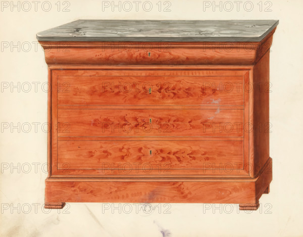 Design for a secretary desk, drawing, album page, commode with marble top, in closed state. The page on the reverse is numbered: 78, the opposite page with information about the depicted furniture is numbered: 78 bis. Part of an album with 80 pages of drawings and a print of veneered and lacquered furniture, as well as seating., inscription: '1239 Commode & secretaire à boudin', Paris (possibly), c. 1825 - c. 1839, draftsman (artist), paint (coating), materials by function, paper, ink, watercolor (paint), pencil, pen, brush, gray pen with colored brush, numbers written in pencil, partially cut out and pasted onto the album page, height 240 mm, width 310 mm, cupboard (wood and other phytogenic material), A painted depiction of the upper portion of a wooden chest of drawers with a gray stone top, showing a reddish-brown wood grain finish across flat drawer fronts and molded edges, small keyholes centered on each drawer front, framed paneling along the sides, a stepped base with short bra...