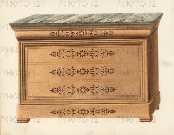 Design for a secretary desk, drawing, album page, commode with a marble top in mahogany (and decoration by inlay - ebony?) in closed state. The page on the reverse is numbered: 79, the opposite page with information about the depicted furniture is numbered: 79 bis. Part of an album with 80 pages of drawings and a print of veneered and lacquered furniture, as well as seating., inscription: 'Commode & secretaire à 'table cadre en acajou', Paris (possibly), c. 1825 - c. 1839, draftsman (artist), Paris, paint (coating), materials by function, paper, ink, watercolor (paint), pencil, pen, brush, gray pen with colored brush, numbers written in pencil, partially cut out and pasted onto the album page, height 240 mm, width 310 mm, cupboard (wood and other phytogenic material), A detailed view of the upper portion of a wooden chest of drawers with a mottled peach-colored finish and a polished stone top in shades of gray and green, featuring layered molded edges and corner trim; the drawer fronts...