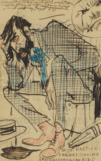 Postcard to Henriëtte Johanna Petronella van Hilten, His heart cannot separate from mother and child, drawing, postcard, Postcard with a drawing of Jan Ponstijn sitting on a suitcase crying with his hand against his head. In the background a sun with a grimace. Postcard is part of an album., writer (clerical worker): Leo Gestel (signed by artist), Amsterdam, in or before 1911-08-08, writer (clerical worker), draftsman (artist), paper, pasteboard, materials by function, ink, pencil, pen, writing (processes), height 89 mm x width 139 mm, Person, Jan Petrus Ponstijn, Henriëtte Johanna Petronella Ponstijn-van Hilten, portrait, self-portrait of artist, weeping, A hand-drawn sketch of a hunched man leaning on a surface with his head resting on one hand, his face showing a beard and long dark hair, with a tear or streak near his eye and a blue shaded area on his chest; he wears a checkered jacket rendered with crosshatched lines and blue highlights, and one arm hangs down with visible fingers...