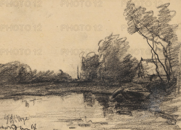 Landscape with water, presumably in Spaarndam, drawing, date and inscription: '...paarndam 92', draftsman (artist): Johannes Gijsbert Vogel (signed by artist), 1892, draftsman (artist), inorganic material, paper, chalk, black chalk, height 110 mm x width 154 mm, farm or solitary house in landscape, landscapes with waters, waterscapes, seascapes (in the temperate zone), Spaarndam, A sepia-toned drawing shows a landscape with dark charcoal shading forming dense tree shapes and foliage along the right and middle edges, slender tree trunks rising and branching toward the top, and a darker textured foreground suggesting ground or water across the lower portion; the sky area is mostly blank with a lightly mottled paper texture, and there are faint charcoal smudges and marks throughout the composition.
