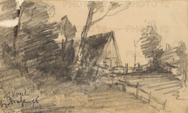 Farm in a landscape, drawing, date and inscription: 'bij sou...e... 76', draftsman (artist): Johannes Gijsbert Vogel (signed by artist), 1876, draftsman (artist), paper, pencil, height 91 mm x width 139 mm, farm or solitary house in landscape, A charcoal sketch on beige paper showing a rural scene with a steep-roofed house partially obscured by trees, a leaning tree trunk in front of the house, dense shaded foliage to the left, rough horizontal marks suggesting a path or wooden planks leading toward the house, and loose scribbled vegetation on the right.