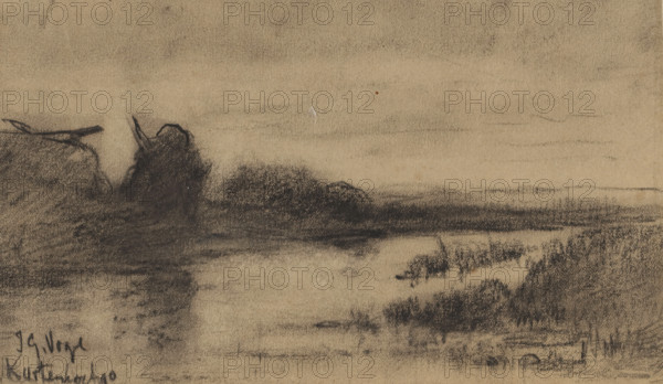 Landscape with water at Kortenhoef, drawing, date and inscription: 'Kortenhoef 90', draftsman (artist): Johannes Gijsbert Vogel (signed by artist), 1890, draftsman (artist), inorganic material, paper, chalk, black chalk, height 113 mm x width 182 mm, landscapes with waters, waterscapes, seascapes (in the temperate zone), Kortenhoef, A sepia-toned charcoal landscape drawing showing a broad sky above a dark, smudged horizontal band that suggests distant land or treeline. In the left portion a darker, denser charcoal mass rises with textured, rough strokes and a few sharper, angled lines jutting upward. The middle ground features softer, clouded shading that blends into a lighter foreground where patches of vertical, grass-like marks and low, rounded shapes appear. Overall the image is composed of varied charcoal textures and tonal gradients on a warm paper background.