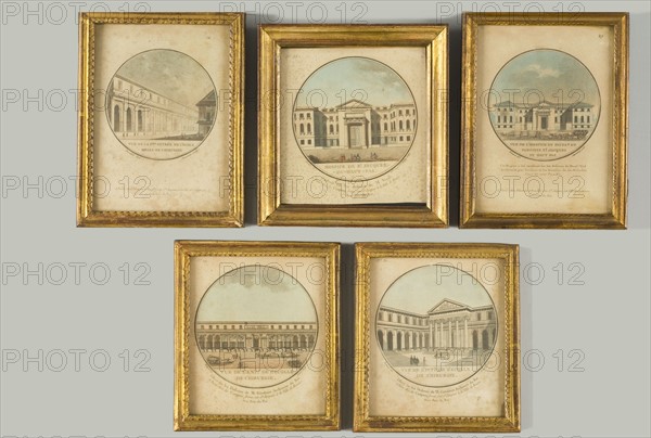 Engravings depicting hospices and the Academy of surgery
