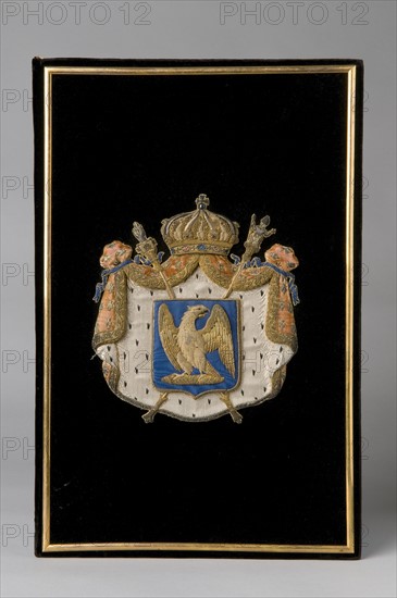 Broderie noire, en fort relief, aux Armes de Joséphine, d'azur à l'aigle Impérial, 19e siècle