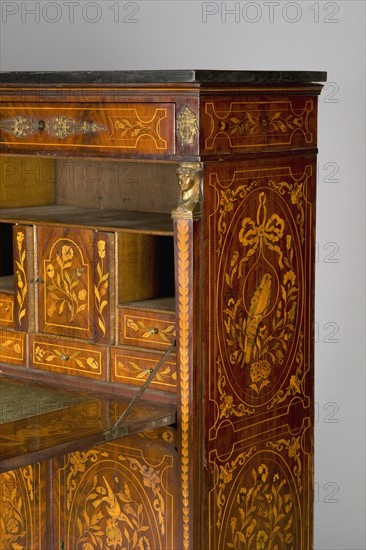 Detail from a dutch mahogany writing desk, allegory of Napoleon 1st, circa 1810