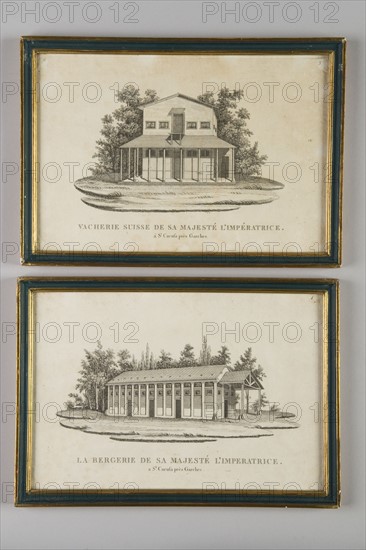 Swiss cow farm and sheepfold, framed carvings, 19th Century
