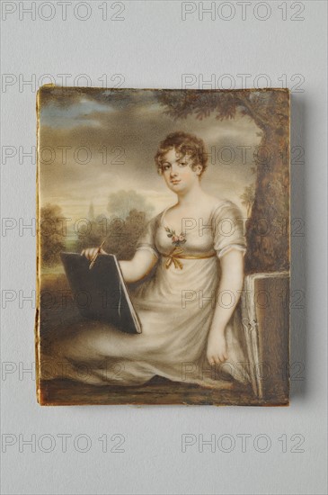 Ecole française du XIXème siècle, Jeune femme au carton à dessins