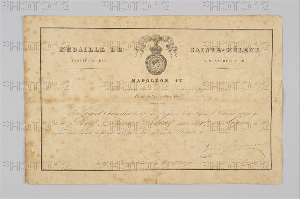 Certificate for the Médaille de Sainte-Hélène