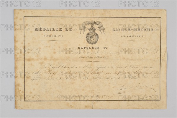 Diplôme de la Médaille de Sainte-Hélène