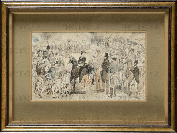 Fortris
Le rendez-vous de chasse au Puits du Roi, carrefour de la forêt de Compiègne pendant le séjour de Sa Majesté des Pays-Bas
Hunting meeting at the Puits du Roi, a crossroads in the forest of Compiegne. 
Black and gray lavis, watercolor on black pencil strokes. 18x31cm

Former Christopher Forbes collection
Private collection