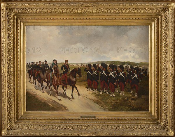Georges Louis Hyon, "L'Empereur Napoléon III et le roi Victor Emmanuel II passant en revue les grenadiers à pied de la Garde Imperiale"