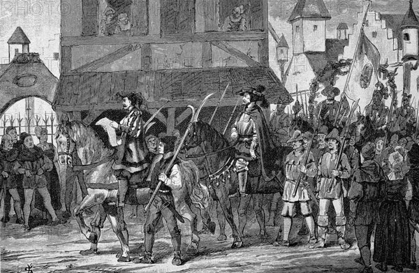 Deutscher Bauernkrieg, 1524-1526, Hans Müller mit seinen Trabanten. Hans Müller, genannt von Bulgenbach, (geboren im 15.