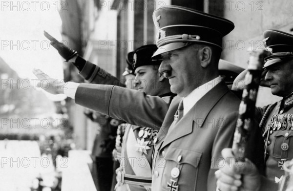 Adolf Hitler and Count Ciano (Son in law of Benito Mussolini) giving salute from Chancellory balcony circa 1939 PUBLICA