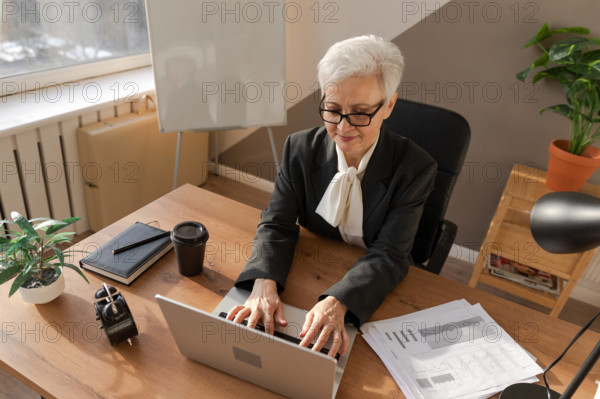 Selbstbewusste stilvolle europäische ältere Frau mittleren Alters, die einen Laptop am Arbeitsplatz benutzt. Stilvolle ältere reifen 60s grauhaarige Dame Geschäftsfrau sitzt am Bürotisch. Boss Führer Lehrer professionelle Arbeiter.