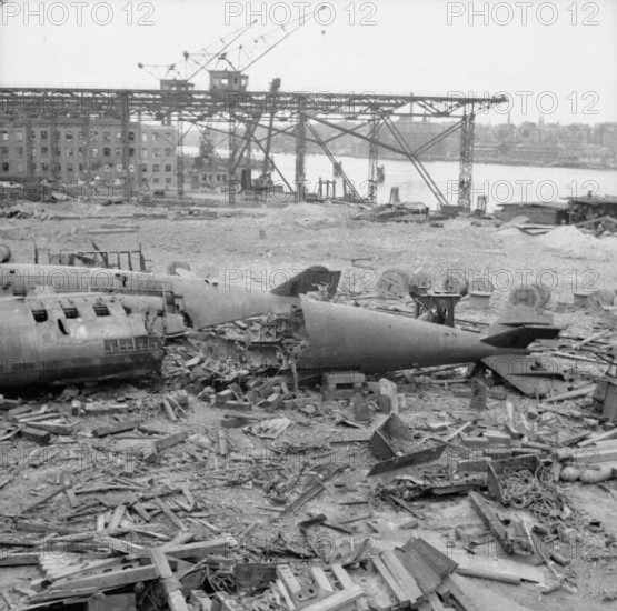 The British Army in North-west Europe 1944-45 Scene of destruction in the Blohm-Voss shipyard, Hamburg, Germany. The rem