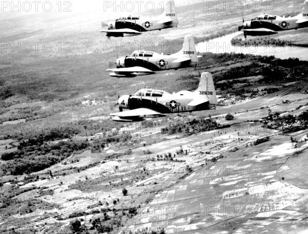 Vietnam: A-1E Skyraider aircraft of the 34th Tactical Group, based at Bien Hoa, South Vietnam, fly in formation over Sou