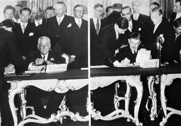 Bildnummer: 55881163  Datum: 01.01.1955  Copyright: imago/United Archives
American Secretary of State John Foster Dulles ( left ) and Austrian Foreign Minister Leopold Figil ( right ) , signing the Austrian State Treaty at the Belvedere Palace , Vienna . 16 May 1955 Mono Negative !AUFNAHMEDATUM GESCHÄTZT! kbdig 1955 quer politics politicians diplomats 

Bildnummer 55881163 Date 01 01 1955 Copyright Imago United Archives American Secretary of State John Foster Dulles left and Austrian Foreign Ministers Leopold Figil Right Signing The Austrian State Treaty AT The Belvedere Palace Vienna 16 May 1955 Mono Negative date estimated Kbdig 1955 horizontal POLITICS Politicians Diplomats