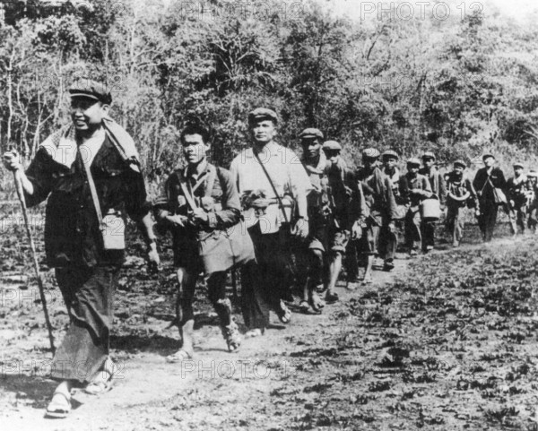 Cambodia: Khmer Rouge Leadership: Pol Pot, Nuon Chea and Ieng Sary in a 1979 DK propaganda photograph. In a staged photo