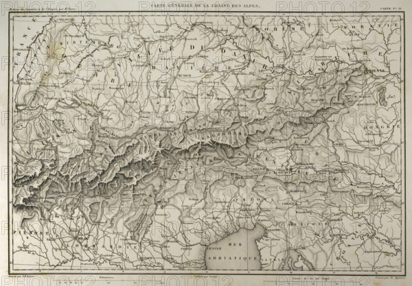 Napoleonic map of mountain range of the Alps, 1864. Map of mountain range of the Alps. Atlas de l Histoire du Consulat e