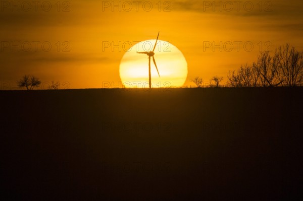 Ein Windrad zeichnet sich hinter der untergehenden Sonne ab. Schlegel, 25.02.2019. Schlegel Deutschland *** A wind turb