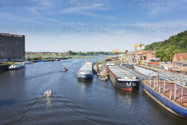 canal Elbe-Lübeck-Kanal, shipyard Hitzler Werft, view to river Elbe Lauenburg/Elbe Schleswig-Holstein Germany Herzogtum