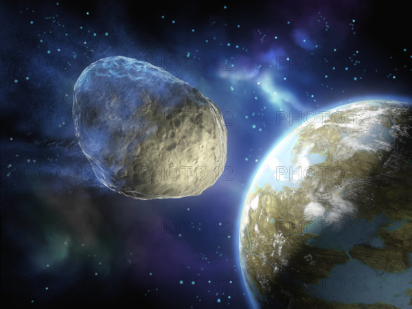 Asteroid on a collision path with a planet Asteroid on a collision path with an Earth-like planet. Digital illustration,