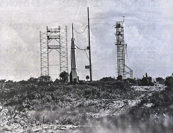 A Bumper Wac, a combination the V-2 rocket with a WAC Corporal upper stage, awaits launch on July 24, 1950. It was the e