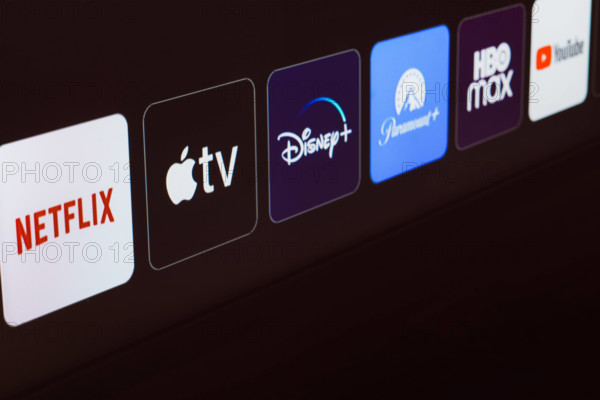 January 8, 2024, Brazil. In this photo illustration the Netflix, Apple TV, Disney Plus, Paramount Plus, HBO Max and YouT