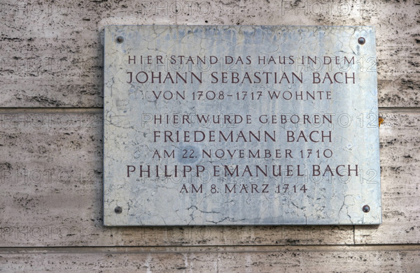 Plakette am Geburtshaus von Bach in Weimar Plakette am Geburtshaus von Bach in Weimar Copyright: xZoonar.com/VolkerxRauc