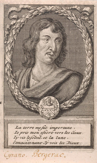 Portret van Cyrano Bergerac.Bust to the right of Hercule-Savinien de Cyrano de Bergerac. A lauwekrans with a weapon arou