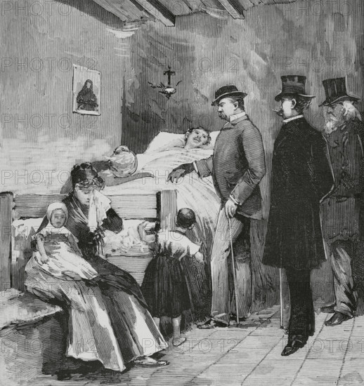 Italy. Naples. Epidemic of cholera. Visit of King Humbert I of Savoy (1844-1900) to the sick of the Arrabal. Engraving, 1884.