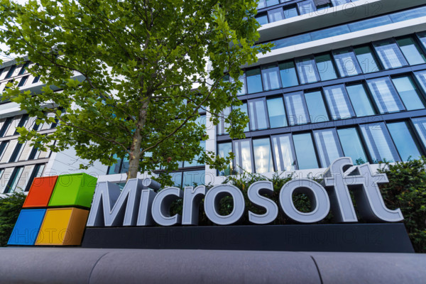 MUNICH, GERMANY - APRIL 08, 2025: Microsoft logo at the company office building located in Munich, Germany
